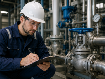 Troubleshooting industrial process and measurement challenges Maintenance engineer inspecting industrial valves and process equipment