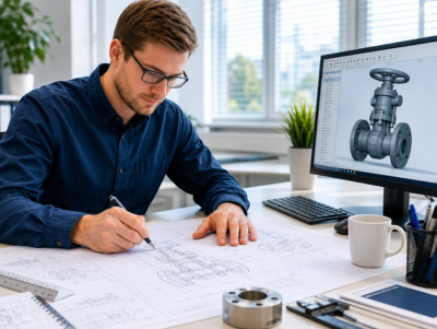 Technical planning and solution selection for industrial applications Engineer reviewing technical drawings and a valve model during industrial system design